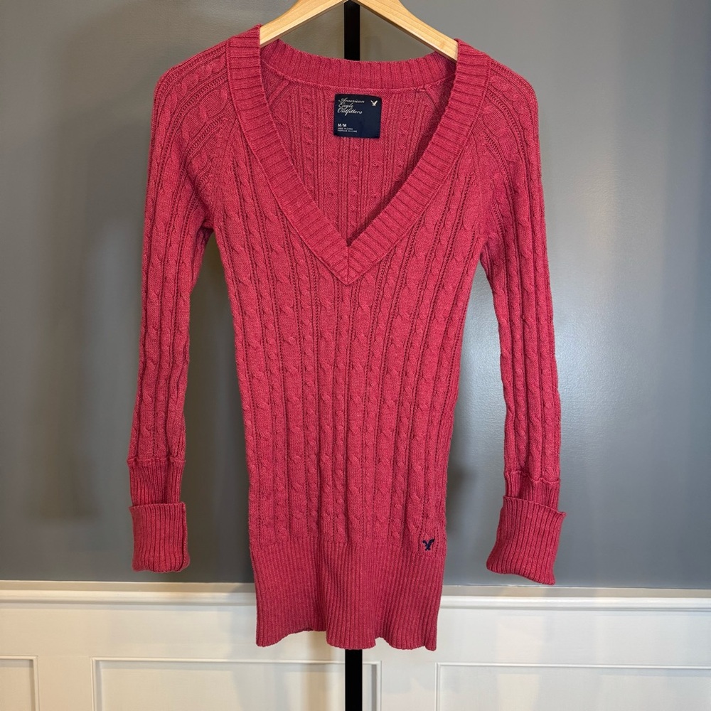 American Eagle Pink Cable Knit V Neck‎ Sweater M Fitted Y2K - Picture 7 of 9